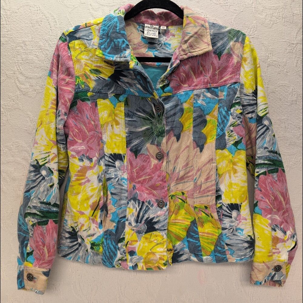 Parsley & Sage Colorful Jean Floral Jacket Women Medium Artsy Boho Kawaii Work
